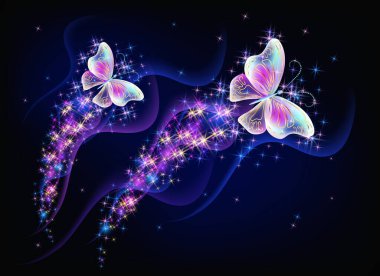 Sihirli iki kelebek fantezi ile parıldıyor ve parlak izler ve siyah arka planda parlayan yıldızlar