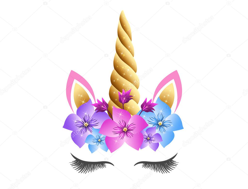 Fabulous cute unicorn with golden sparkle horn and pink flowers wreath isolated on white background. Fairy unicorn princess girl for party invitation design or holiday decor.