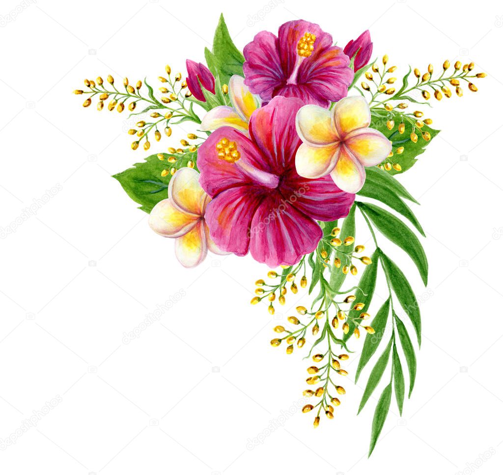 Tropical bouquet of hibiscus pink rose, frangipani and greenery of palm fronds leaf. Exotic floral composition hand drawn watercolor painting of natural leaves and flowers isolated on white background