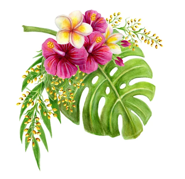 Tropischer Bouquet Von Hibiskusrose Frangipani Und Grün Von Monstera Blatt — Stockfoto