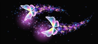 Kozmik uzayda parlayan yıldızların arasında gece gökyüzünde uçuşan parlak ve ışıltılı patikalı uçan sihirli kelebekler. Hayvan Koruma Günü konsepti.