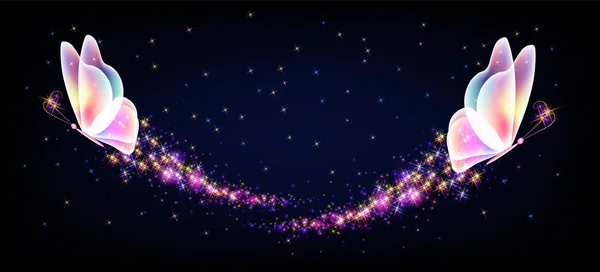 在夜空中 飞舞着令人愉快的神奇蝴蝶 它们闪烁着光芒和闪光的小径 在宇宙中闪亮的群星之间飞舞 爱情与浪漫的概念 — 图库矢量图片