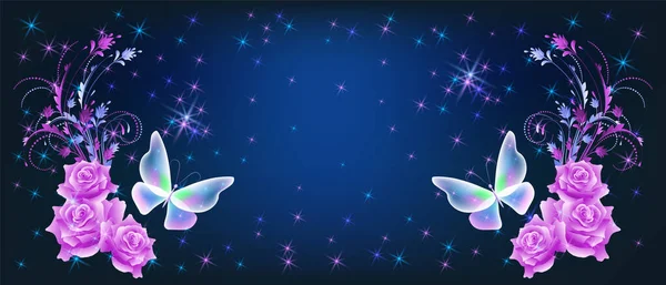 Flying Delightful Magical Butterflies Pink Roses Night Sky Background Shiny — Stock Vector