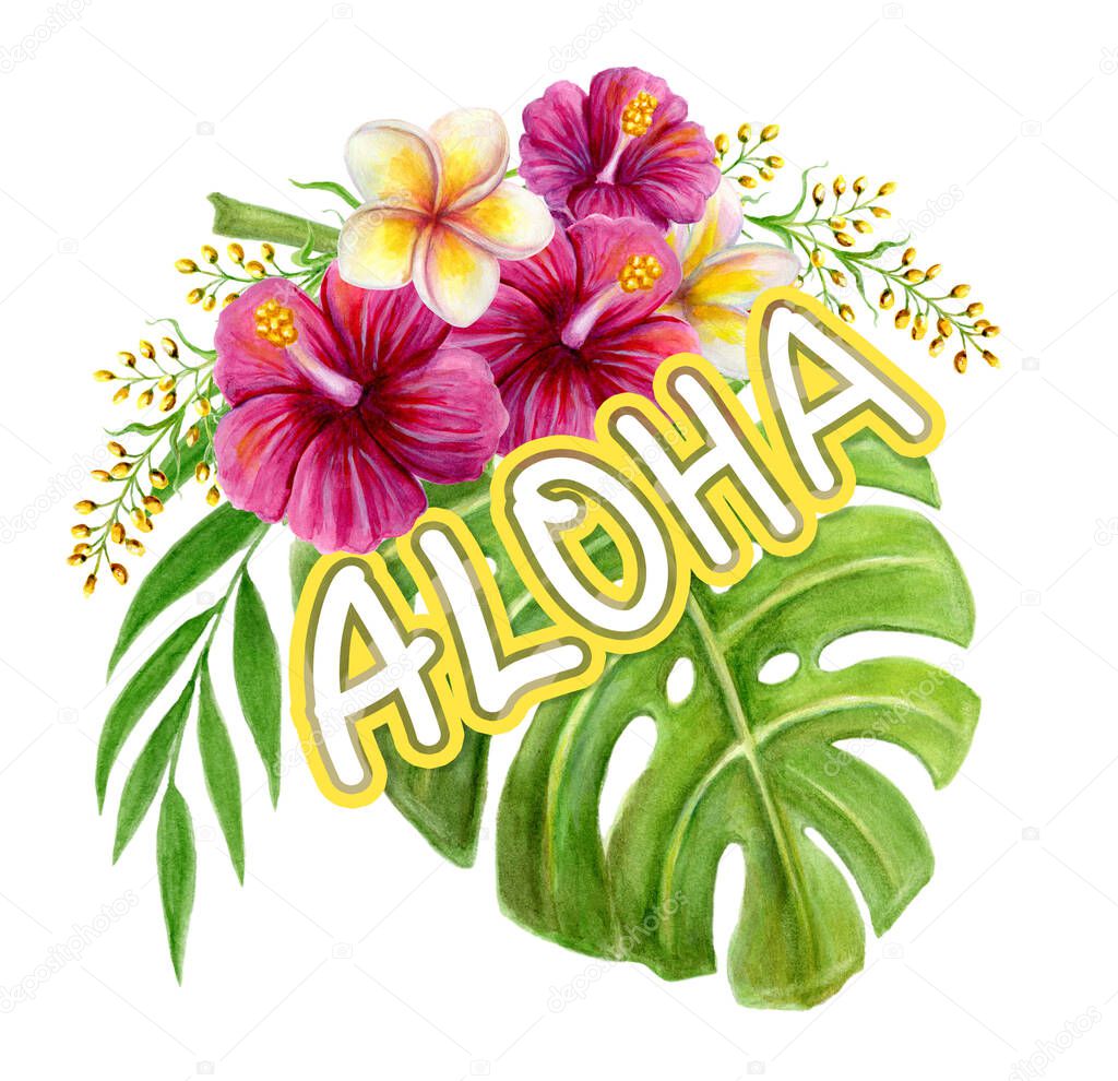Aloha Hawaii greeting. Hand drawn watercolor painting with pink Chinese Hibiscus rose flowers and palm leaf isolated on white background. Tropical floral summer ornament. Design element.