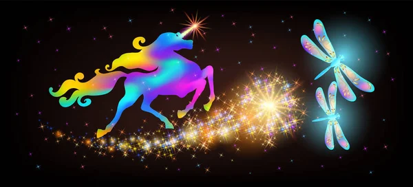 Galloping Iridescent Unicorn Luxurious Winding Mane Flying Magic Dragonfly Background — Stock Vector