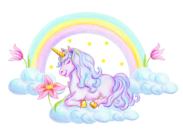 Fantasy Akvarell Penna Ritning Mytomspunnen Sömn Unicorn Moln Mot Regnbåge — Stockfoto