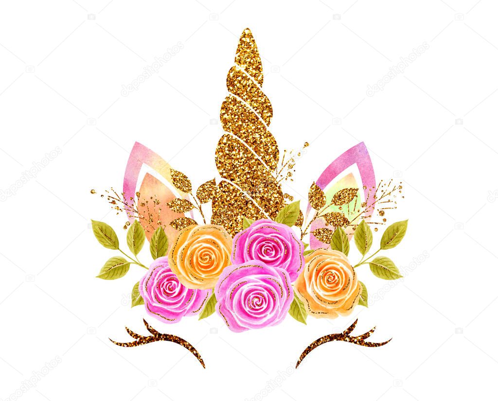 Fantasy Unicorn with golden gilded and glittering horn and beautiful roses flowers wreath, fabulous cute baby pony isolated on white background