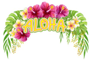 Aloha Hawaii selamı. Beyaz arka planda pembe Çin Hibiscus gül çiçekleri ve palmiye yaprağı olan el yapımı suluboya resim. Tropik yaz süsleri. Tasarım ögesi.