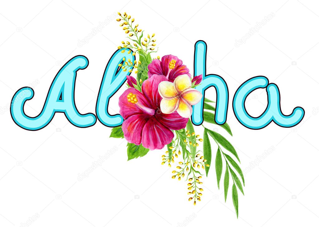 Aloha sign. Hawaii greeting. Hand drawn watercolor painting with pink Chinese Hibiscus rose flowers and palm leaf isolated on white background. Tropical floral summer ornament.