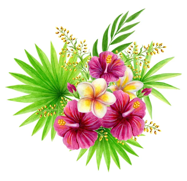 Tropisches Bouquet Von Hibiskusrosen Frangipani Und Grün Von Fächerblättern Und — Stockfoto