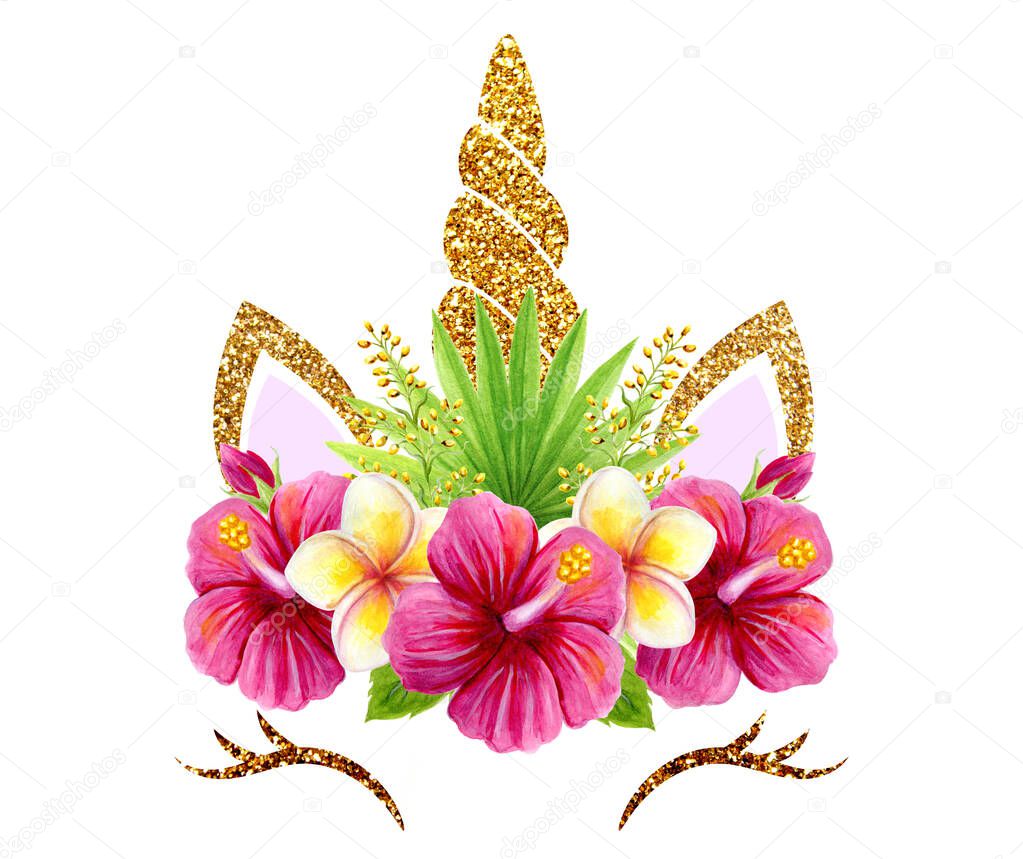 Fabulous cute unicorn with golden gilded horn and beautiful tropical hawaiian flowers wreath isolated on white background