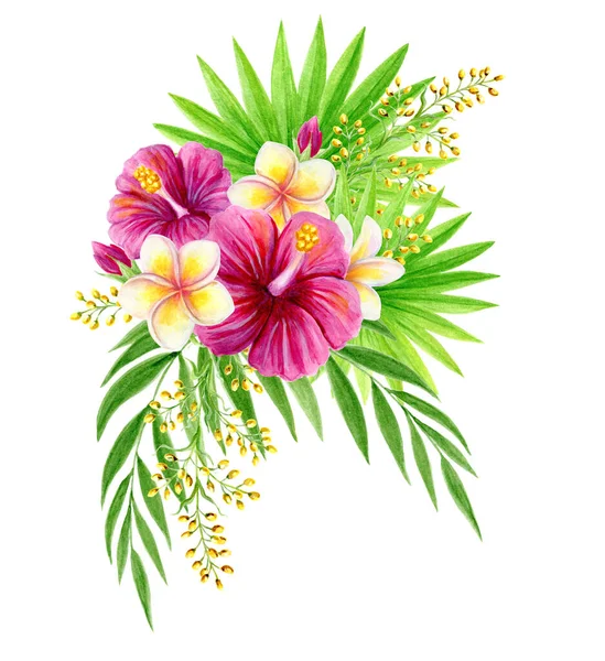 Tropical Bouquet Hibiscus Rose Frangipani Greenery Fan Leaf Palm Fronds — Stock Photo, Image