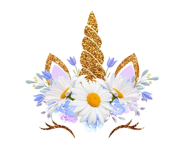 Fabulous Cute Unicorn Golden Gilded Horn Beautiful Daisy Flowers Bluebells — Stok fotoğraf