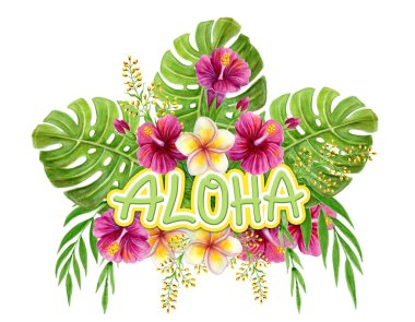 Aloha Hawaii selamı. Beyaz arka planda pembe Çin Hibiscus gül çiçekleri ve palmiye yaprağı olan el yapımı suluboya resim. Tropik yaz süsleri. Tasarım ögesi.