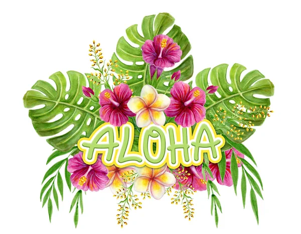 Aloha Hawaii greeting. Hand drawn watercolor painting with pink Chinese Hibiscus rose flowers and palm leaf isolated on white background. Tropical floral summer ornament. Design element.