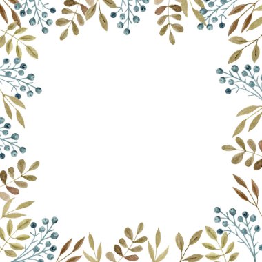 Yeşil dallar ve yapraklardan oluşmuş yeşil çerçeveli el yapımı suluboya resim. Düğün davetiyesi için yeşillik çerçevesi ya da kırtasiye için yeşillik çerçevesi. Suluboya çiçek çizimi.