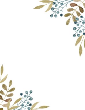 Yeşil dallar ve yapraklardan oluşmuş yeşil çerçeveli el yapımı suluboya resim. Düğün davetiyesi için yeşillik çerçevesi ya da kırtasiye için yeşillik çerçevesi. Suluboya çiçek çizimi.