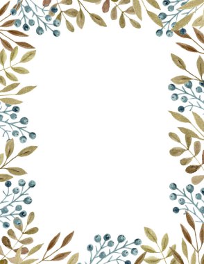 Yeşil dallar ve yapraklardan oluşmuş yeşil çerçeveli el yapımı suluboya resim. Düğün davetiyesi için yeşillik çerçevesi ya da kırtasiye için yeşillik çerçevesi. Suluboya çiçek çizimi.