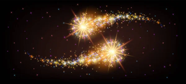 夜空に輝く尾を湾曲させた2つの輝く彗星 輝く星と星の塵の道 宇宙研究の概念 祭りの背景 — ストックベクタ