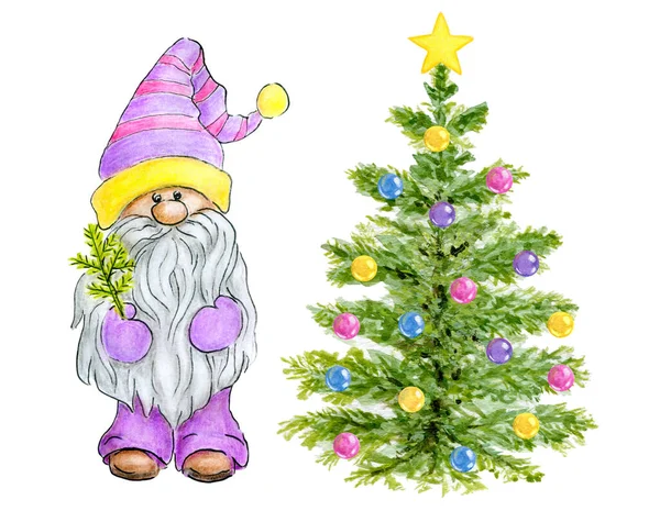 Akvarel Roztomilý Skřet Vánočním Stromečkem Malý Skřet Legračním Klobouku Smrkem — Stock fotografie