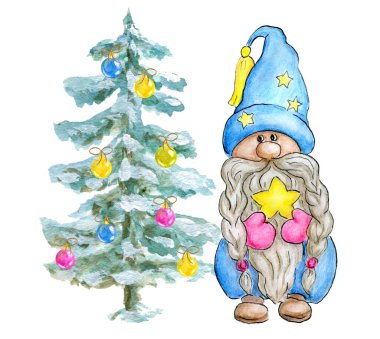 Noel Ağacı ile suluboya şirin cüce. Yıldızlı komik şapkalı küçük cüce. Yılbaşı kartı ya da davetiye için Noel akvaryumu elfi.. 