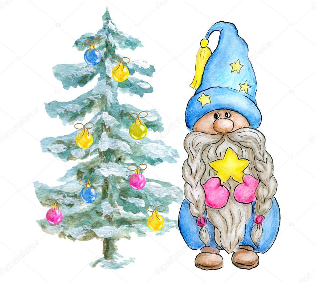 Watercolor Cute Gnome with Christmas Tree. Little Gnome in funny hat with star. Holidays aquarelle elf for New year greetings card or invitation. 