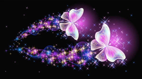 Flying Delightful Magical Butterflies Sparkle Blazing Trail Flying Night Sky — Stock Vector