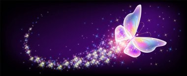 Parlak kozmik uzayda parıldayan yıldızların arasında gece gökyüzünde uçuşan ışıltılı ve parlak patikalı şeffaf bir kelebek. Hayvan Koruma Günü konsepti.