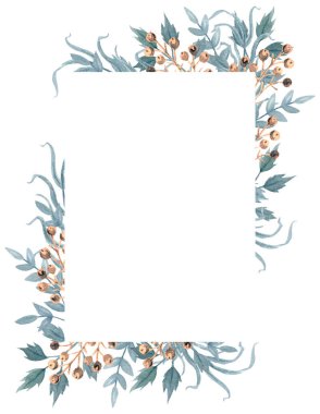 Yeşil dallar ve yapraklardan oluşmuş yeşil çerçeveli el yapımı suluboya resim. Düğün davetiyesi için yeşillik çerçevesi ya da kırtasiye için yeşillik çerçevesi. Suluboya çiçek çizimi.