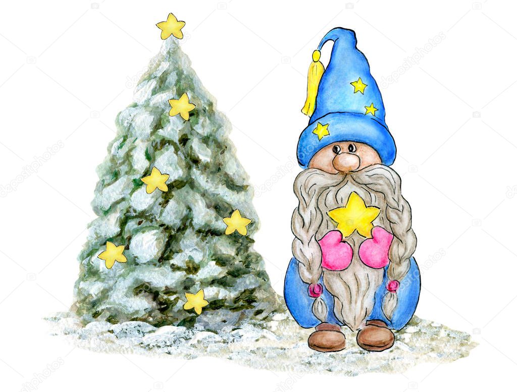 Watercolor Cute Gnome with snowy Christmas Tree. Little Gnome in funny hat with star. Holidays aquarelle dwarf for New year greetings card or invitation. 
