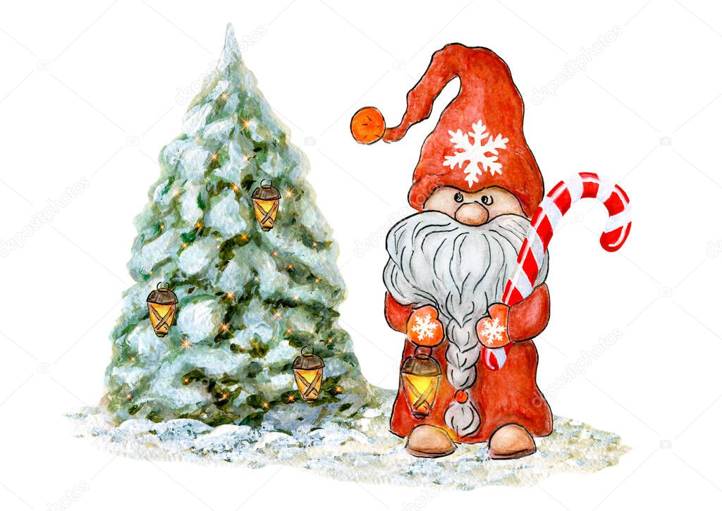 Watercolor Cute Gnome with snowy Christmas Tree. Little gnome in funny hat with striped candy cane and flashlight. Holidays aquarelle dwarf for New year greetings card or invitation.
