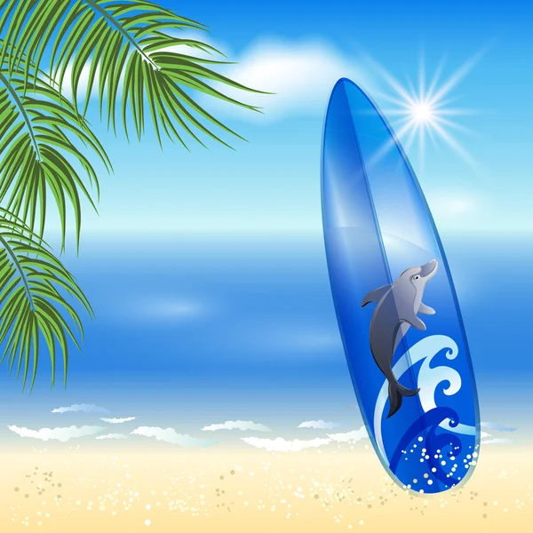 Tabla de surf azul sobre el fondo marino — Vector de stock