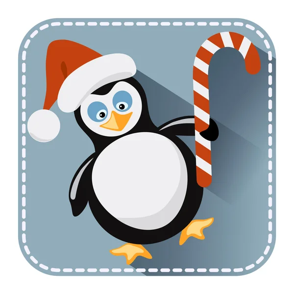 Platte avatar met pinguïn in Kerstman hoed en bonbon — Stockvector