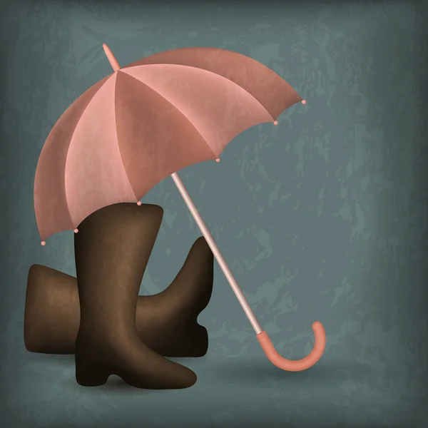 Opened rain umbrella and rubber boots — Stock Vector