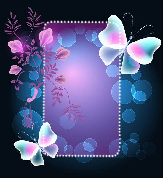 Marco brillante con mariposas y flores — Vector de stock