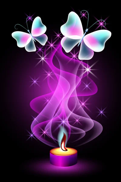 Burning candle with butterflies and stars — Stock Vector