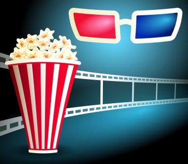 Film şeridi ve 3d gözlük ile patlamış mısır ile paket