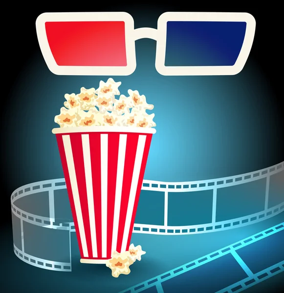 3d glasses with popcorn and film strip — Stock Vector