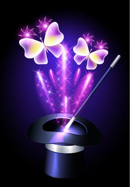 Chapeau Conjurer avec baguette magique et papillons — Image vectorielle
