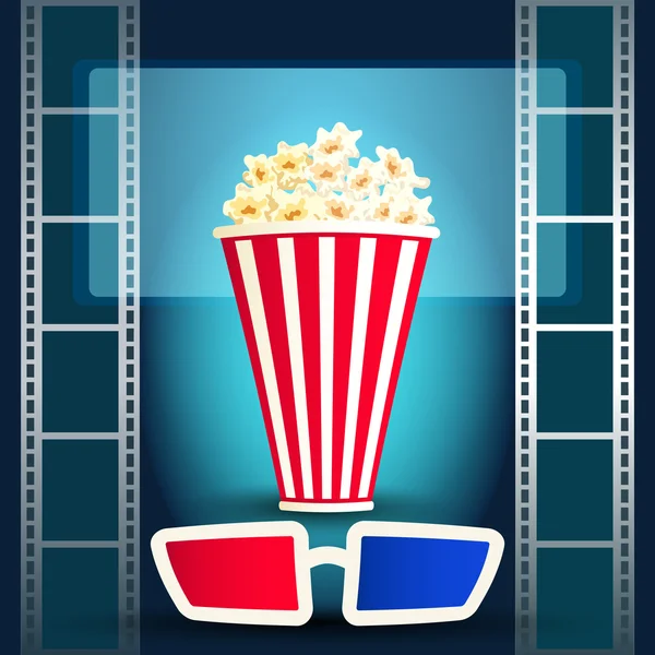 Pacchetto con popcorn con striscia di film e bicchieri 3d — Vettoriale Stock