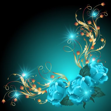 Blue roses with golden ornament clipart