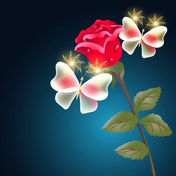 Rosa roja y mariposas — Vector de stock