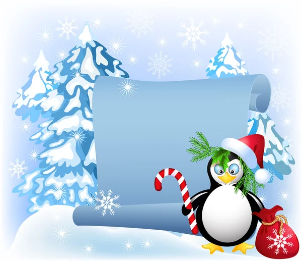 Pinguïn met Kerstmis snoep in het bos — Stockvector