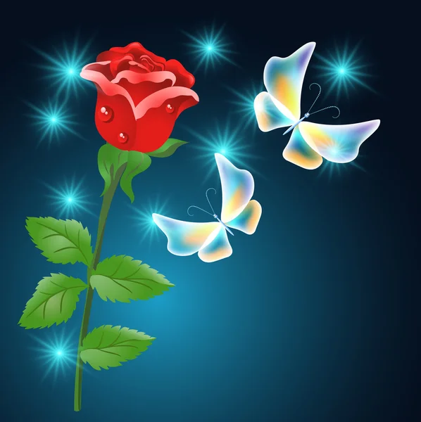Rode rose en vlinders — Stockvector