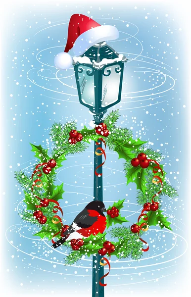 Lanterna com grinalda de Natal e bullfinch —  Vetores de Stock