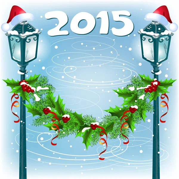 Lanternes avec chapeau de Père Noël et guirlande de Noël — Image vectorielle