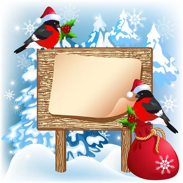 Placa de madeira de Natal com bullfinches e saco de presente — Vetor de Stock