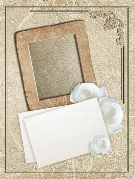 Grunge frame with roses and paper — Stock Photo, Image