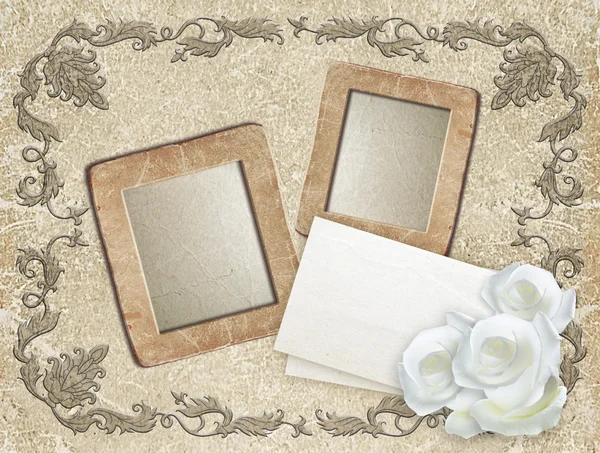 Grunge frame met rozen en papier — Stockfoto