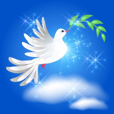Flying dove with branch in the sky clipart